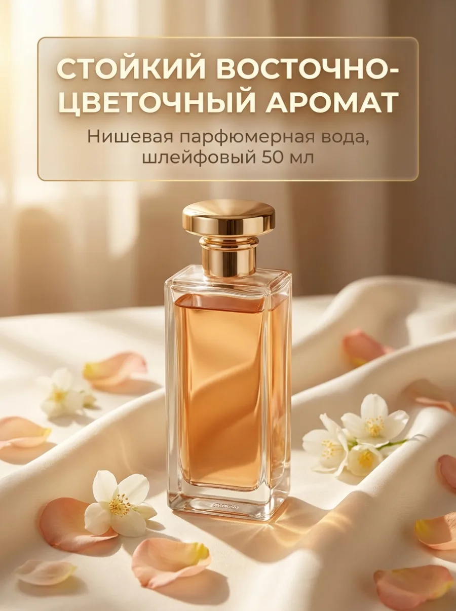 HERO-кадр: флакон нишевого парфюма, тёплый студийный свет, лепестки